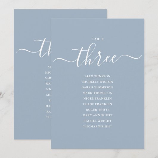 Dusty Blue Script Table Number 3 Seating Chart 招待状 (正面/裏面)