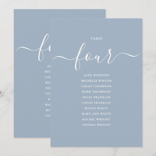 Dusty Blue Script Table Number 4 Seating Chart 招待状 (正面/裏面)