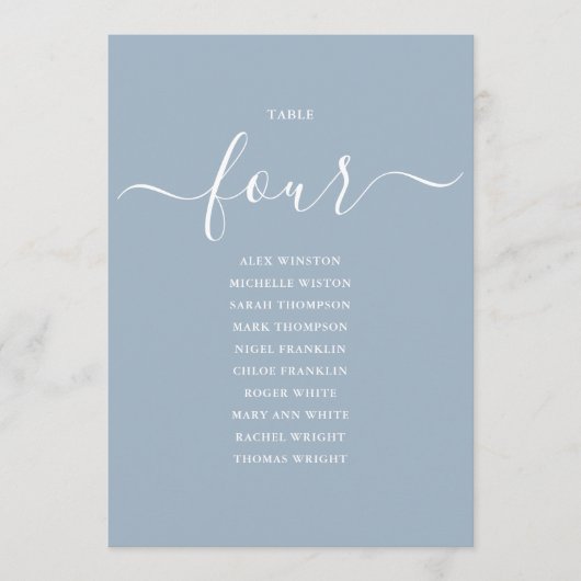 Dusty Blue Script Table Number 4 Seating Chart 招待状 (正面)
