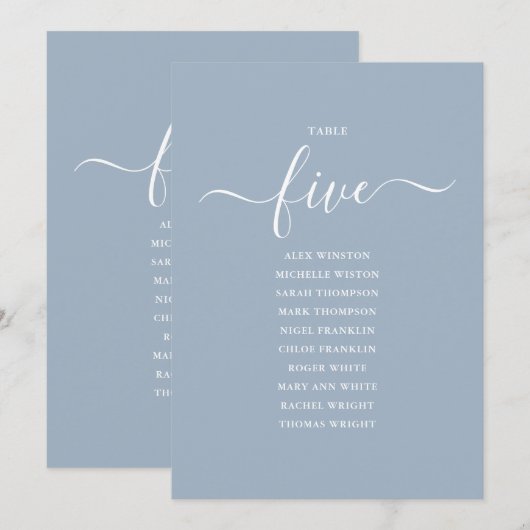 Dusty Blue Script Table Number 5 Seating Chart 招待状 (正面/裏面)
