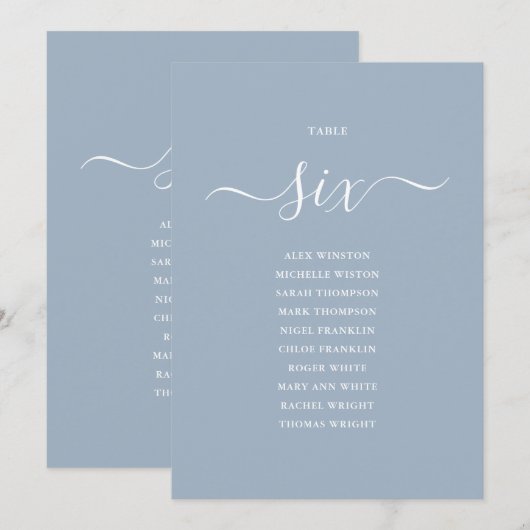 Dusty Blue Script Table Number 6 Seating Chart 招待状 (正面/裏面)