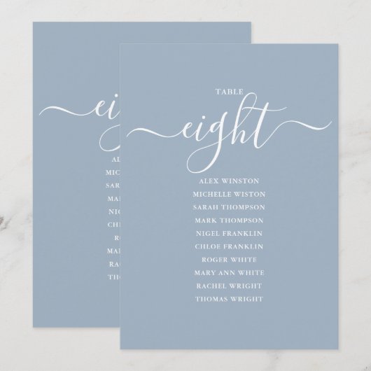 Dusty Blue Script Table Number 8 Seating Chart 招待状 (正面/裏面)
