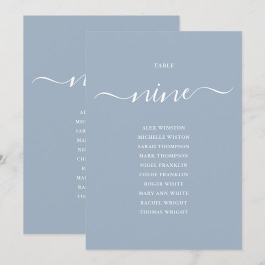 Dusty Blue Script Table Number 9 Seating Chart 招待状 (正面/裏面)