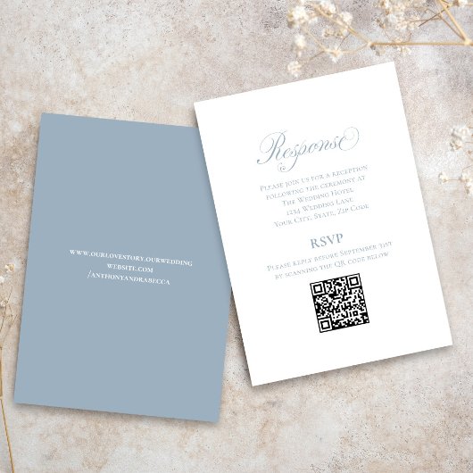 Dusty Blue Script Wedding RSVP QR Code Enclosure エンクロージャーカード