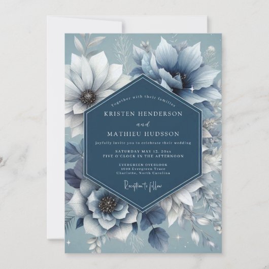 Dusty Blue Serene Anemone Wedding 招待状 (正面)