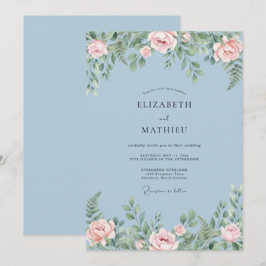 Dusty Blue Serene Springtime Wedding 招待状 (正面/裏面)