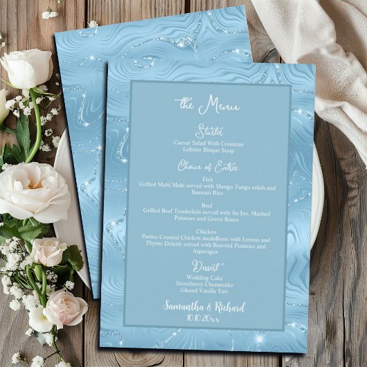 Dusty Blue Silverグリッター5x7インチ結婚のメニュー メニュー