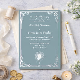 Dusty Blue Silver Chalice Communion Elegance 箔招待状