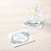 Dusty Blue Silver Elegant Flowers Birthday Party スクエアペーパーコースター (インサイチュ)