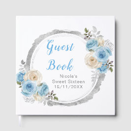 Dusty Blue Silver Elegant Flowers Sweet Sixteen ゲストブック