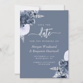 Dusty Blue Silver Floral Wedding Save the Date マグネット招待状 (正面)