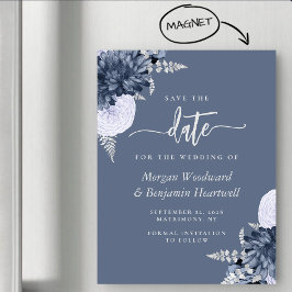 Dusty Blue Silver Floral Wedding Save the Date マグネット招待状