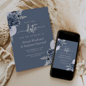 Dusty Blue Silver Floral Wedding Save the Date 招待状