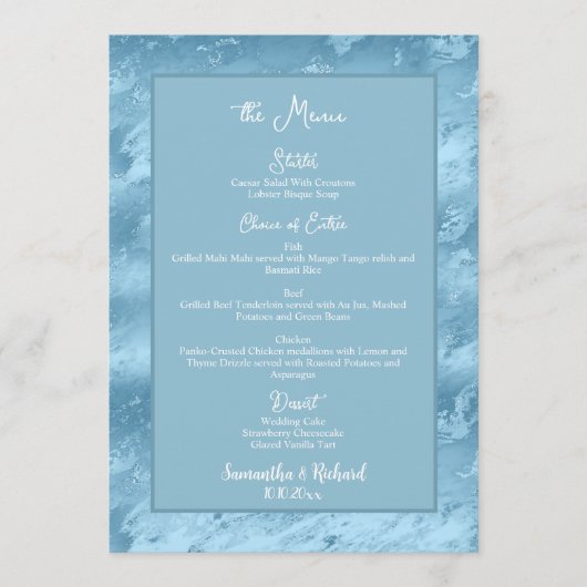 Dusty Blue Silver Marbleグリッター5 x7結婚インチメニュー メニュー (正面)