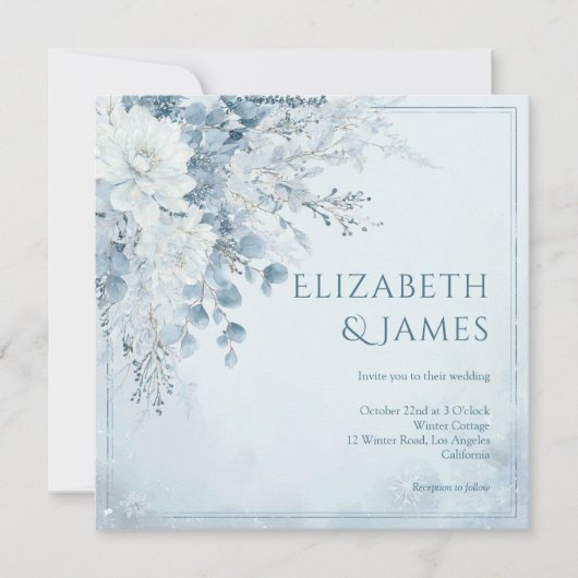 Dusty Blue Silver Rose Winter Floral Wedding 招待状 (正面)