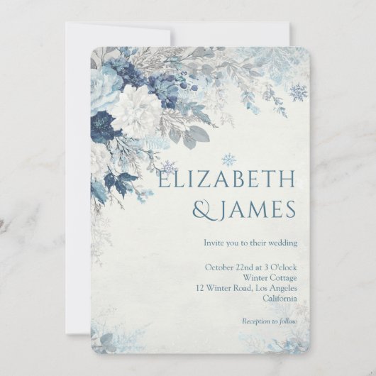Dusty Blue Silver Rose Winter Floral Wedding 招待状 (正面)