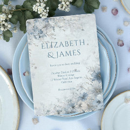 Dusty Blue Silver Rose Winter Floral Wedding 招待状
