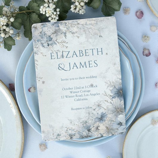 Dusty Blue Silver Rose Winter Floral Wedding 招待状
