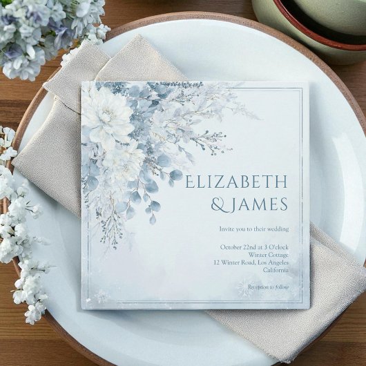 Dusty Blue Silver Rose Winter Floral Wedding 招待状