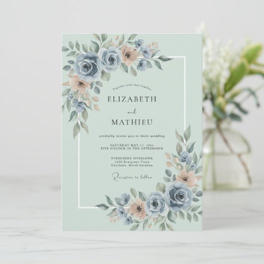 Dusty Blue Soft Bloom Wedding 招待状 (スタンド正面)