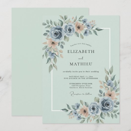 Dusty Blue Soft Bloom Wedding 招待状 (正面/裏面)