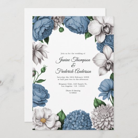 Dusty Blue & Soft Grey Watercolor Floral Wedding 招待状 (正面/裏面)