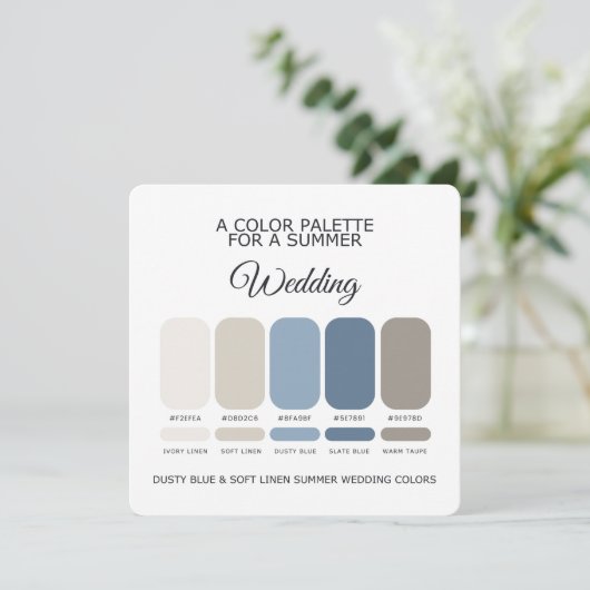 Dusty Blue Soft Linen Summer Wedding Palette Card 招待状 (スタンド正面)