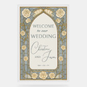 Dusty Blue Stained Glass Floral Wedding Welcome アクリルサイン (正面)