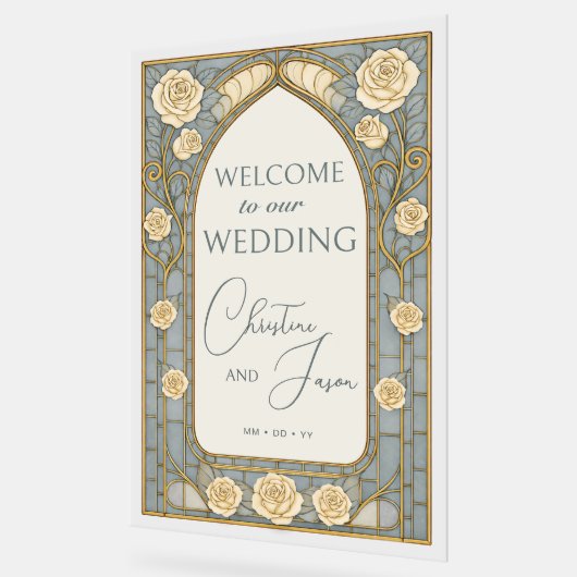 Dusty Blue Stained Glass Floral Wedding Welcome アクリルサイン (傾斜)