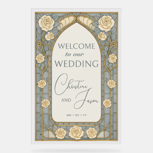 Dusty Blue Stained Glass Floral Wedding Welcome  アクリルサイン (正面)