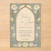 Dusty Blue Stained Glass Whimsical Floral Wedding  アクリル招待状 (正面)