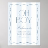 Dusty Blue Stripe Oh Boy Baby Shower Welcome Sign ポスター (正面)