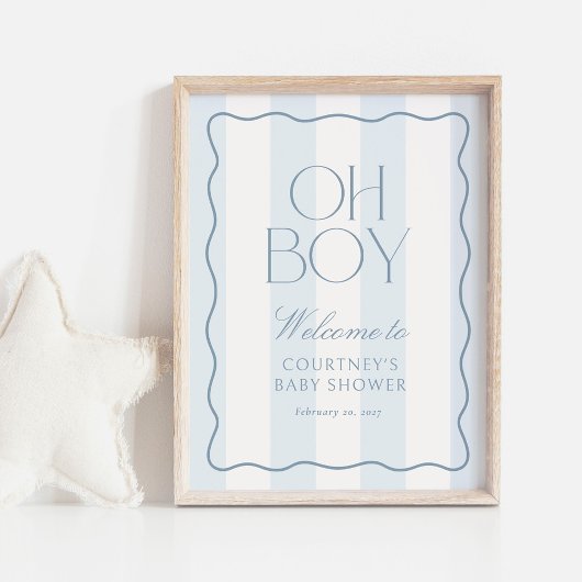 Dusty Blue Stripe Oh Boy Baby Shower Welcome Sign ポスター