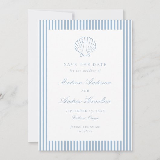 Dusty Blue Stripe Shell Wedding Save the Date (正面)