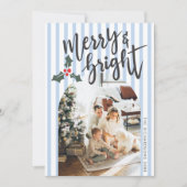 Dusty Blue Striped Merry & Bright Christmas Photo シーズンカード (正面)