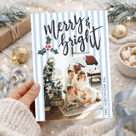 Dusty Blue Striped Merry & Bright Christmas Photo シーズンカード