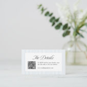 Dusty Blue Striped QR Code Classy Wedding Details プレイスカード (スタンド正面)