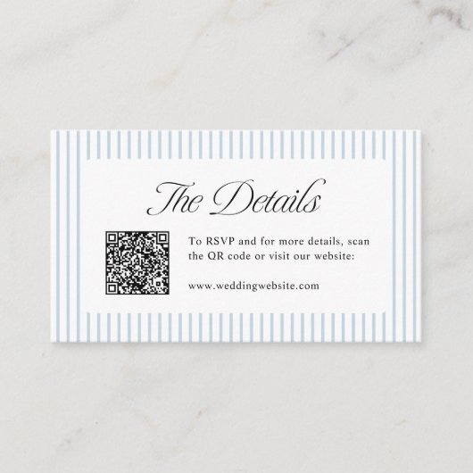 Dusty Blue Striped QR Code Classy Wedding Details プレイスカード (正面)