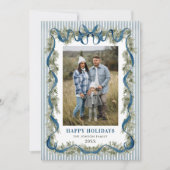 Dusty Blue Stripped Blue Bow Christmas 5 Photo シーズンカード (正面)