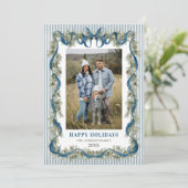 Dusty Blue Stripped Blue Bow Christmas 5 Photo シーズンカード (スタンド正面)