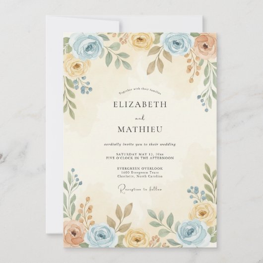 Dusty Blue Subtle Botanical Wedding 招待状 (正面)