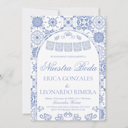 Dusty Blue Talavera Papel Picado Spanish Wedding 招待状 (正面)