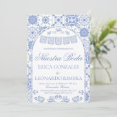 Dusty Blue Talavera Papel Picado Spanish Wedding 招待状 (スタンド正面)