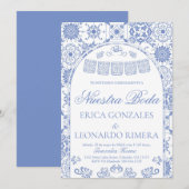 Dusty Blue Talavera Papel Picado Spanish Wedding 招待状 (正面/裏面)
