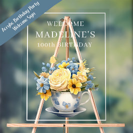 Dusty Blue Teacup Yellow Flowers  アクリルサイン