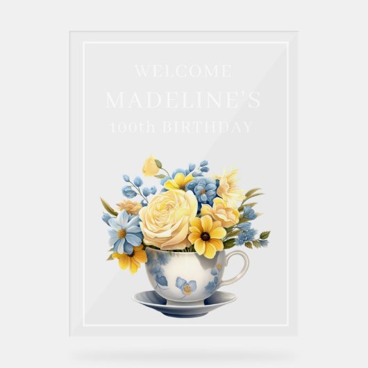 Dusty Blue Teacup Yellow Flowers アクリルサイン (正面)