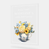 Dusty Blue Teacup Yellow Flowers  アクリルサイン (傾斜)