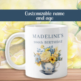 Dusty Blue Teacup Yellow Flowers  ジャンボコーヒーマグカップ