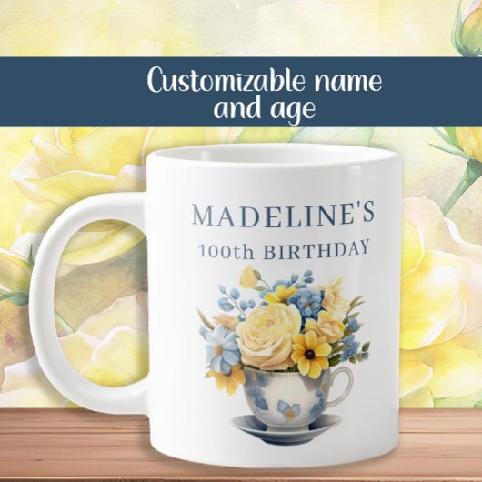 Dusty Blue Teacup Yellow Flowers ジャンボコーヒーマグカップ