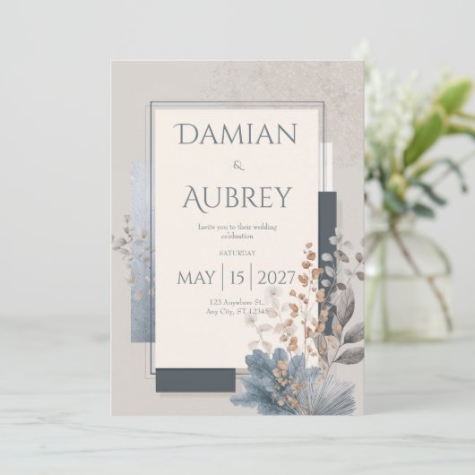 Dusty Blue Terracotta Geometric Botanical Wedding 招待状 (スタンド正面)